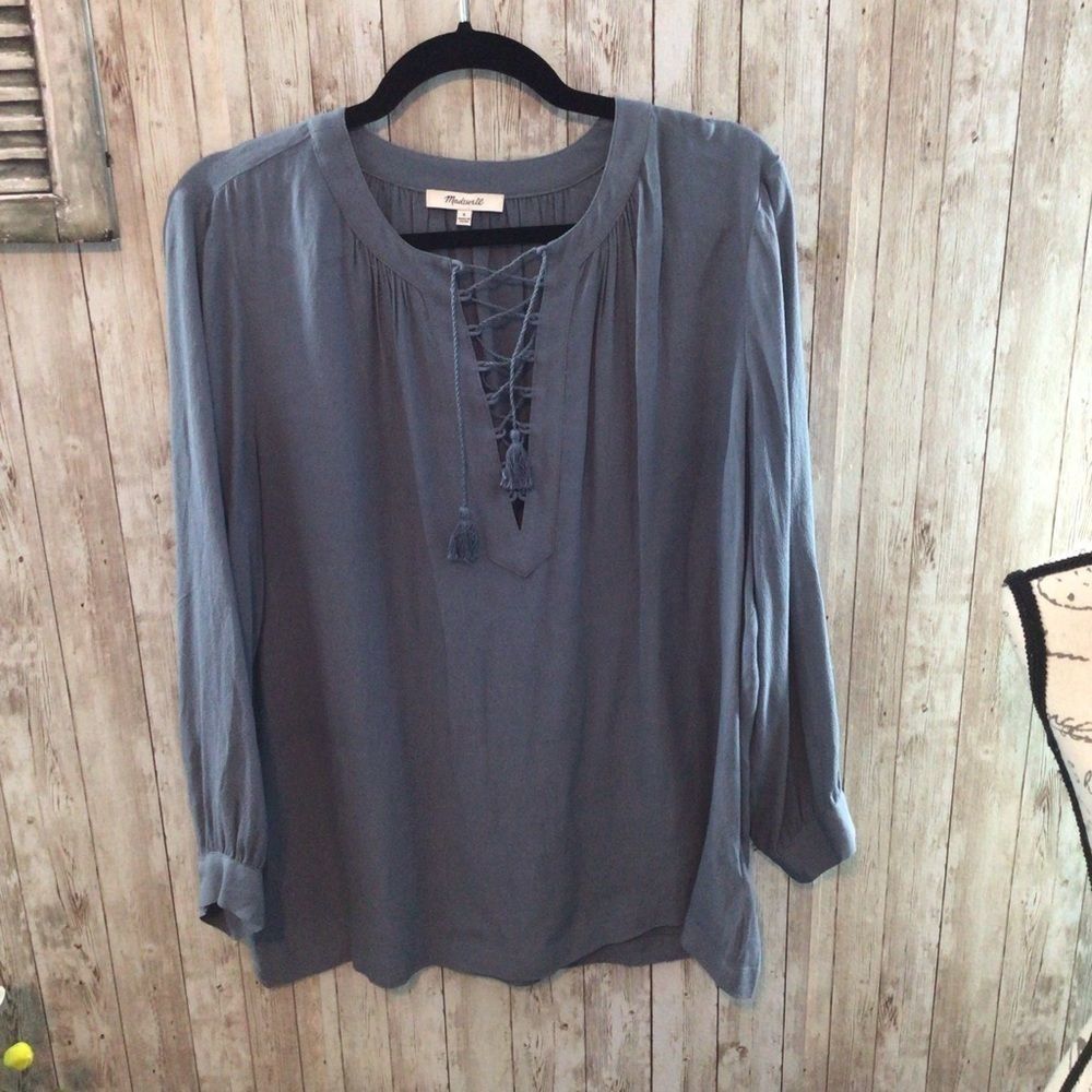 Lace-Up Long Sleeve Women's Top - Slate Blue